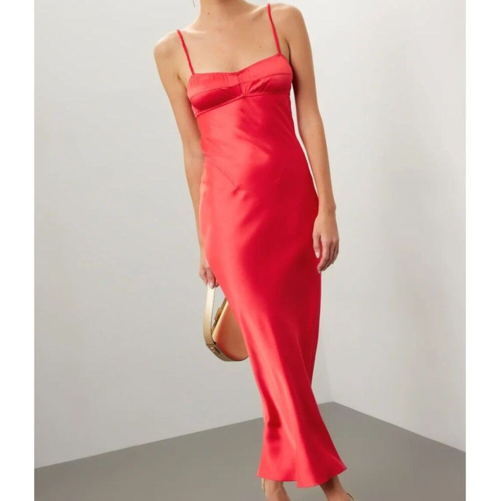 Anna October Sleeveless Bustier Open Back Silky Midi Slip Dress Red Small